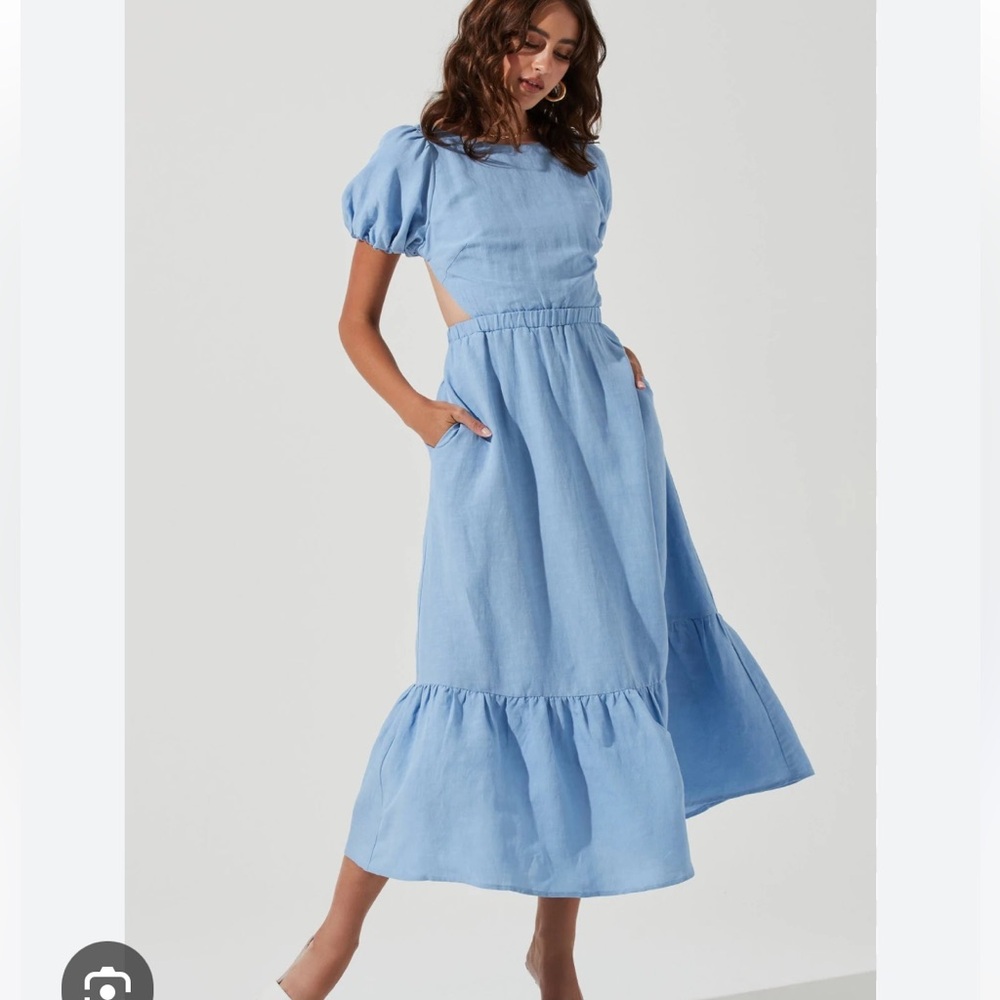 Short puff sleeve midi dress with functional pockets and criss cross back.